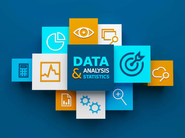 3D render of table top view of DATA ANALYSIS & STATISTICS colorful business concept on dark blue background