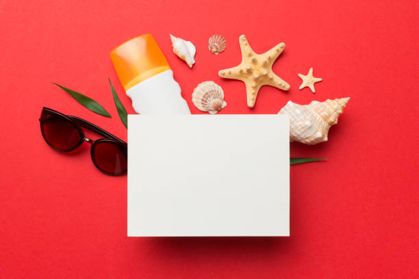 istock Summer time concept with blank greeting card and blank white paper on colored background. Seashells from ocean shore in the shape of frame separated with space for text top view 1401877789