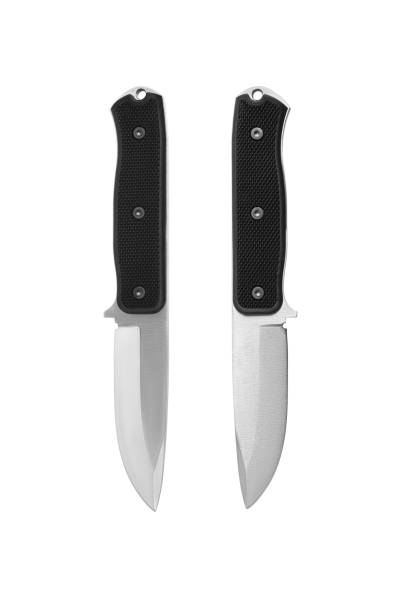 istock Modern hunting knife with silver blade and rubber handle. Steel arms. Isolate on a white background. 1401878844