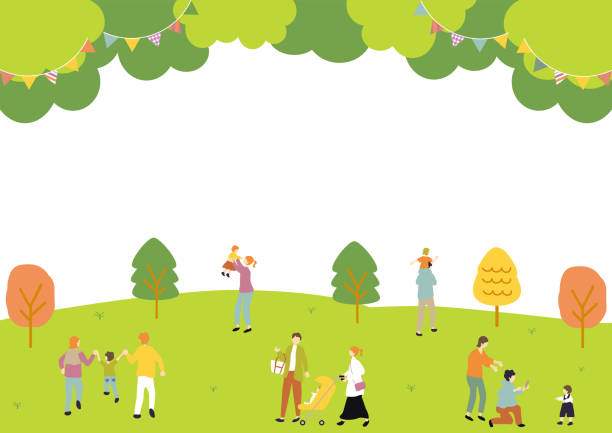 녹색 공원에있는 가족 - 부모 이미지 stock illustrations