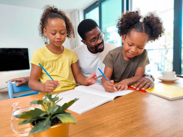 istock Mixed-Race Cute Sisters Doing Homework with Happy Father At Home 1401879720
