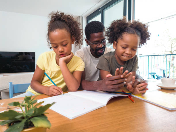 istock Mixed-Race Cute Sisters Doing Homework with Happy Father At Home 1401879733