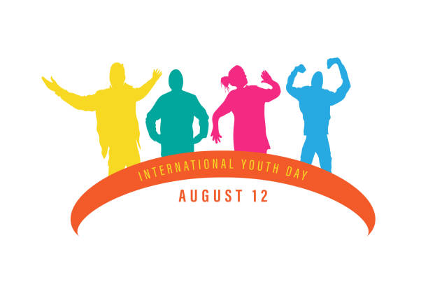 The concept International Youth Day, Friendship day,  Human rights Day. Happy youth day. Crowd of young and elderly men and women. Vector Illustration of International Youth Day 12th August. Hand Drawn art. silhouette mother child crowd stock illustrations