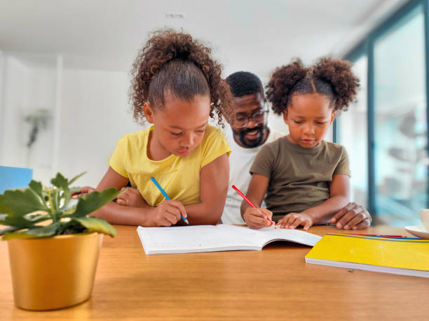 istock Mixed-Race Cute Sisters Doing Homework with Happy Father At Home 1401879738
