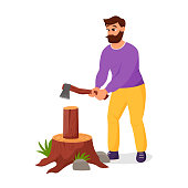 istock Cute lumberjack holding axe. Lumberman cuts a log. The concept of camping, outdoor recreation. Flat vector illustration. 1401880089