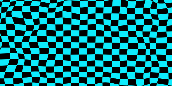 Wavy chessboard on a blue background. Chessboard concept. Wave distortion effect.