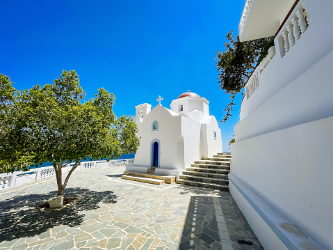 View of Agios Georgios church in Acropolis of Fourni island in Greece. \