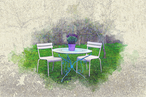 table with lavender and two chairs in garden in watercolor sketch style