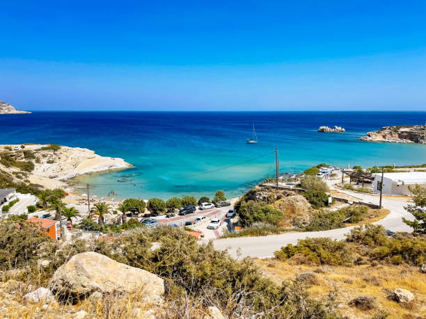 Sea landscape, azure sea and blue sky, wallpaper. The coast of a Greek island, the exotic island of Crete