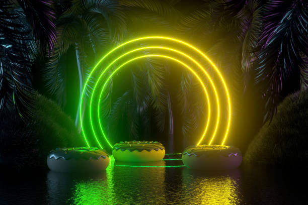 istock Neon Lighting Summer Holiday Travel Background with Palm Trees 1401880514