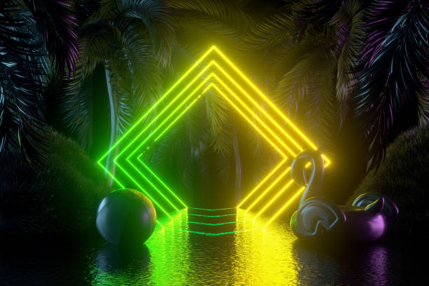 istock Neon Lighting Summer Holiday Travel Background with Palm Trees 1401881415