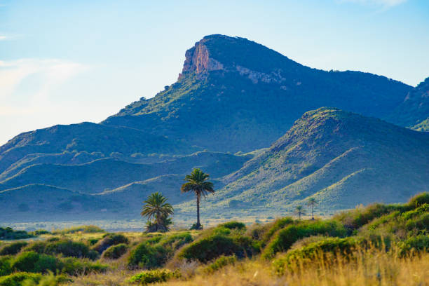 Mediterranean sea coast landscape, spanish coastline in Murcia region. Calblanque Regional Park. Tourist attraction.