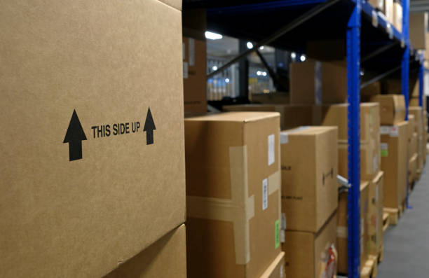 Row of boxes inside a distribution warehouse stock photo