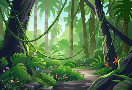 Vector illustration of a beautiful sun lit jungle/rainforest scene with big trees, bushes, lianas and colorful flowers.