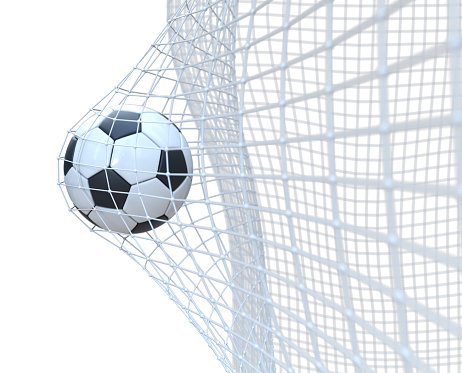 Soccer ball flying in the net. white background