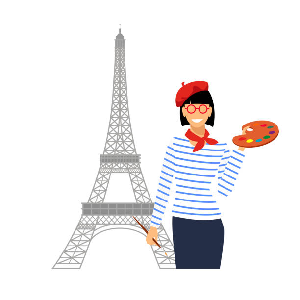 девушка с палитрой на фоне эйфелевой башни - eiffel tower paris france france tower stock illustrations