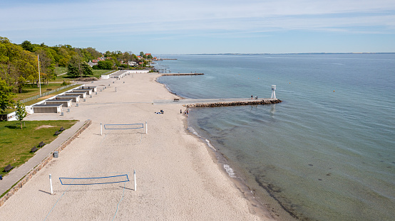 Klampenborg, Denmark - May 17, 2022: Aerial drone view of Bellevue Beach.