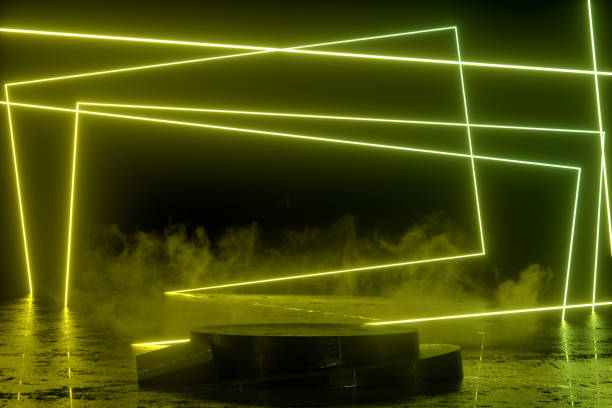 istock Empty Product Stand, Podium, Platform in Dark Room with Ultraviolet Neon Laser Glowing Lines 1401888771