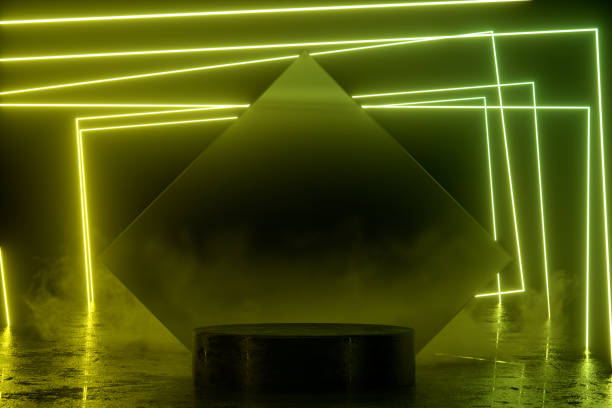 istock Empty Product Stand, Podium, Platform in Dark Room with Ultraviolet Neon Laser Glowing Lines 1401889141
