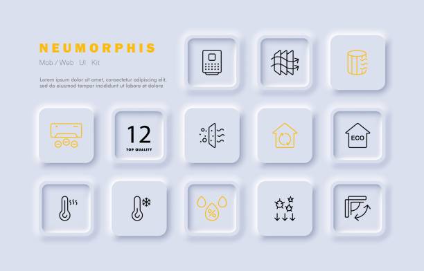 conditioner set icon. air conditioning, air filtration, cold, heat, virus, fan, propeller, thermometer, etc. fresh air concept. neomorphism style. vector line icon for business and advertising - air quality 幅插畫檔、美工圖案、卡  通及圖標