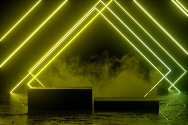istock Empty Product Stand, Podium, Platform in Dark Room with Ultraviolet Neon Laser Glowing Lines 1401890387