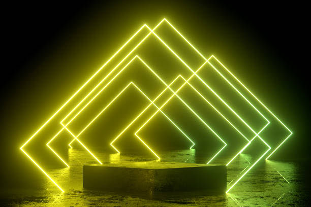 istock Empty Product Stand, Podium, Platform in Dark Room with Ultraviolet Neon Laser Glowing Lines 1401890732