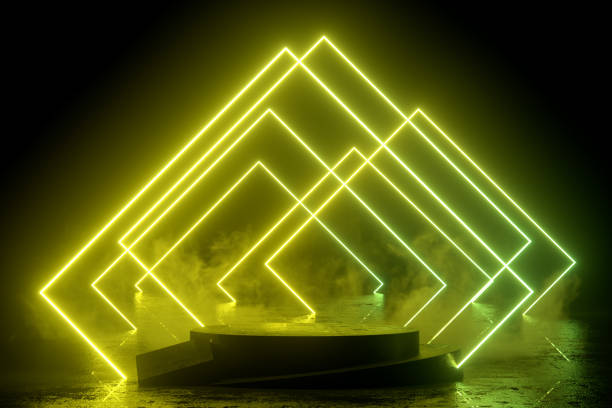 istock Empty Product Stand, Podium, Platform in Dark Room with Ultraviolet Neon Laser Glowing Lines 1401890833