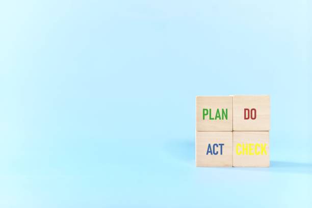 istock PDCA or Plan Do Check Act cycle method concept. Hand putting action wooden blocks in blue background with copy space. 1401892307