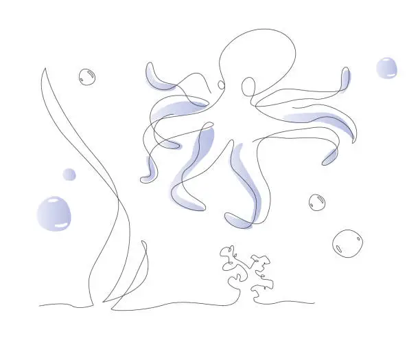 Vector illustration of One line octopus illustration. Sea life line art vector. Cute fish outline