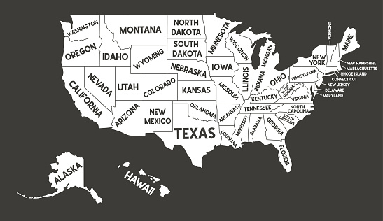 USA MAP. United States of America with text state names. Flat black and white vector illustration. American map for poster, banner, t-shirt. Design USA typography map with states text.