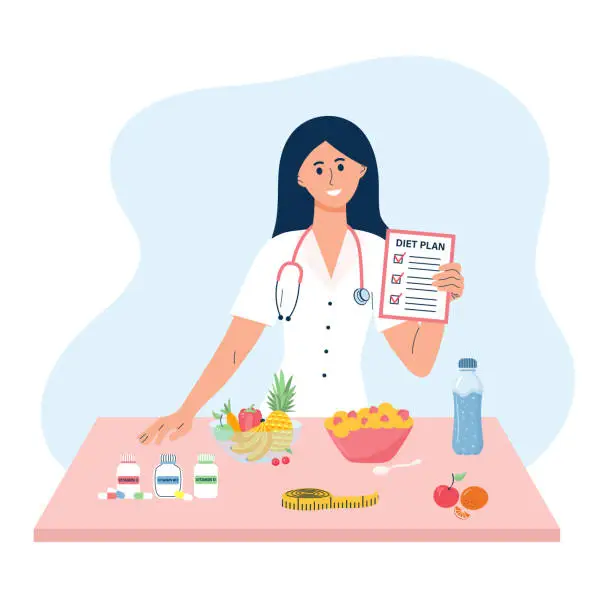 Vector illustration of Nutritionist woman with healthy products food and vitamins. Weight loss program and diet plan.