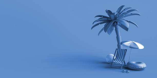 istock Summer vacation concept with umbrella, beach chair, flip flops, palm tree and inflatable beach toy. Copy space. 3D illustration. 1401895256