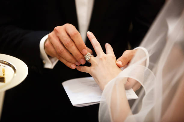 istock The groom wears a ring to the bride 1401895277