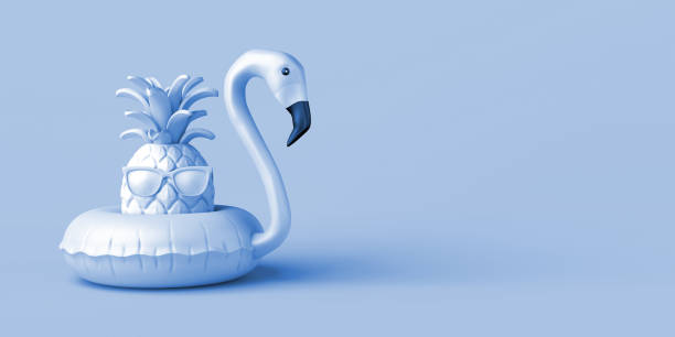 istock Summer concept with pineapple with sunglasses and inflatable flamingo float. Copy space. 3D illustration. 1401895297
