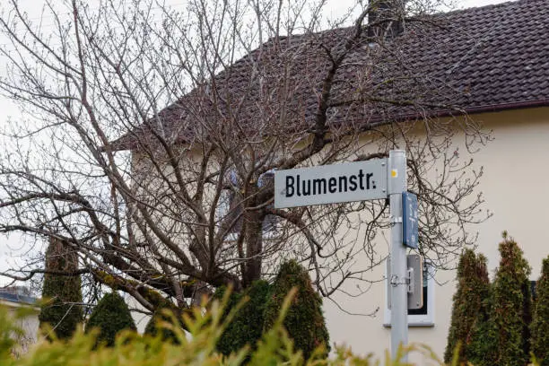 road sign indicating the name of the street "Blumen strasse" in spring against the background of bushes and trees in the private sector