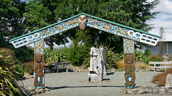 Maori marae entrance or maihi, Tapawera, Tasman region, south island, Aotearoa / New Zealand