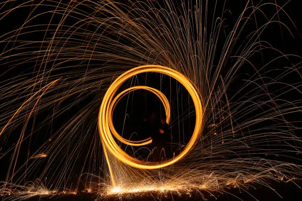 fascinating light effect with burning steel wool, which is thrown in a circle
