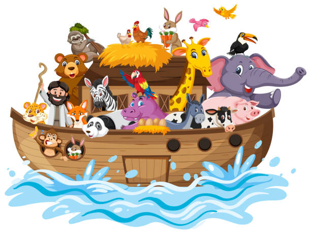 illustrazioni stock, clip art, cartoni animati e icone di tendenza di arca di noè con animali sull'onda d'acqua isolati su sfondo bianco - ark cartoon noah animal