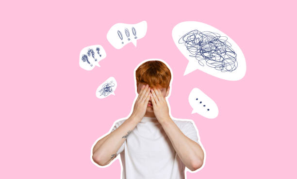 Sad young man and chaos, problems in his head. Human emotions, psychology of relations. Contemporary art collage, modern design. Inspiration, ideas, magazine style. Uncertainty. Sad young man and chaos, problems in his head. Human emotions, psychology of relations. Contemporary art collage, modern design. Inspiration, ideas, magazine style. teenager doodle stock pictures, royalty-free photos & images