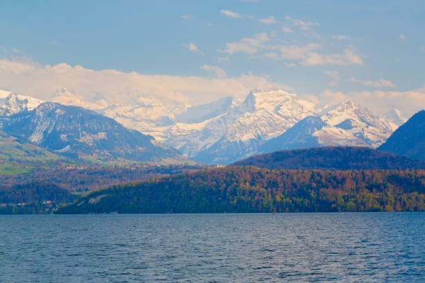 wunderschöner thunersee im berner oberland, alpen, schweiz - bernese oberland thun oberland panoramic stock-fotos und bilder