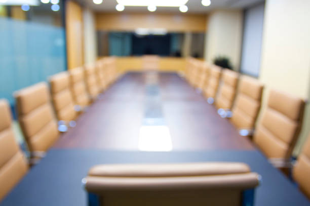 istock Conference room with luxury table and chairs, large window , business concept. Abstract blur effect 1401901694
