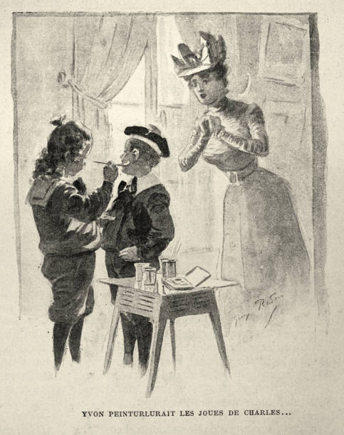 istock Boy painting another childs face, Victorian 19th Century 1401903127