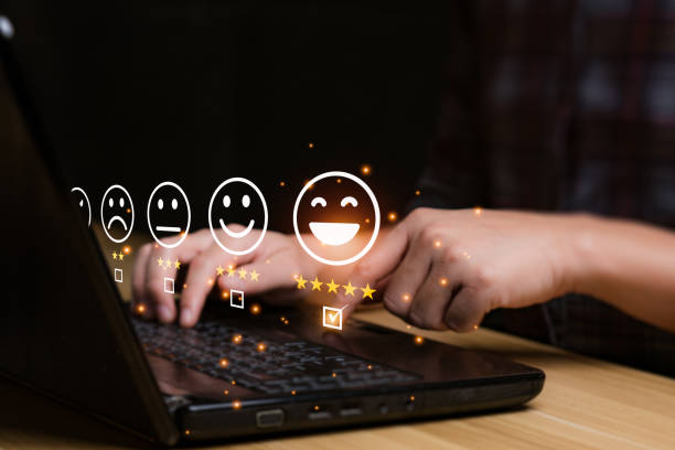 istock Customer satisfaction concept. Hand with thumb up Positive emotion smiley face icon and five star with copy space. 5 star satisfaction, Excellent business rating experience 1401904503