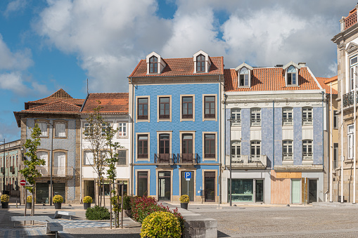 Architectural detail of the facade with ceramic tiles in Ovar, Aveiro, Portugal. Typical houses of the city