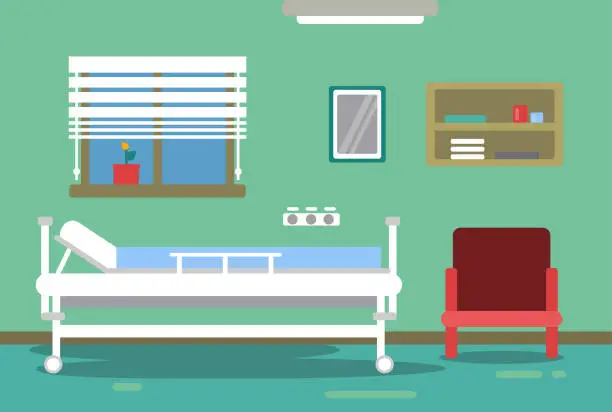 Vector illustration of Hospital room with empty bed. Medical interior background