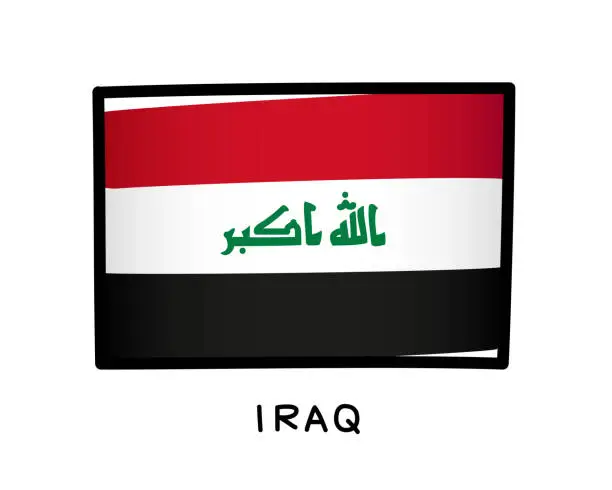 Vector illustration of Flag of Iraq. Colorful Iraqi flag logo. Black, white and red brush strokes, hand drawn. Black outline. Vector illustration