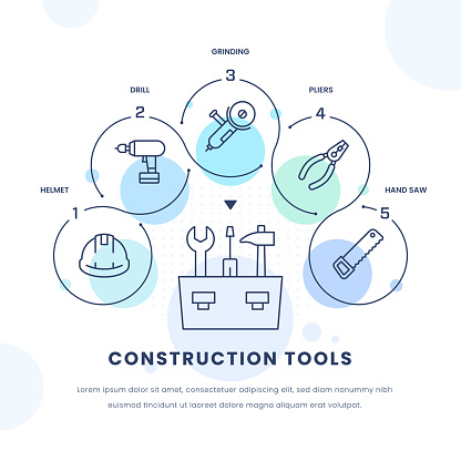 Construction Tools Five Steps Infographic Elements with Editable Stroke Line Icons