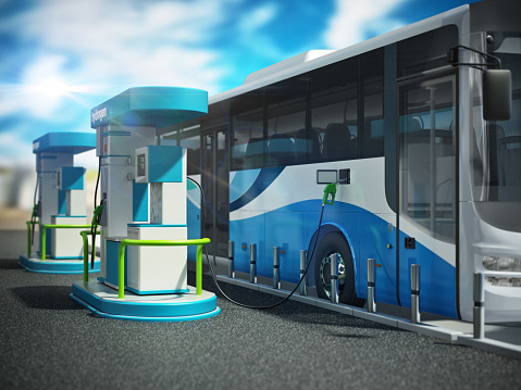 Fictitious hydrogen fueling station with a city bus being charged.