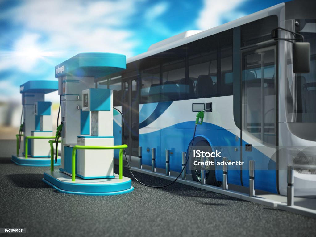 Fictitious hydrogen fueling station with a city bus being charged Fictitious hydrogen fueling station with a city bus being charged. Bus Stock Photo