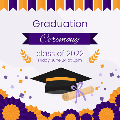 High school graduation ceremony and party invitation template. Greeting card concept for social media. Graduation cap with diploma and purple decoration. Vector illustration